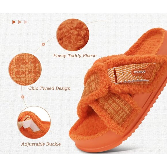 Women's Orange Fuzzy Furry Faux Fur Cross Band Arch Open Slippers Slides Shoes - Picture 3 of 8